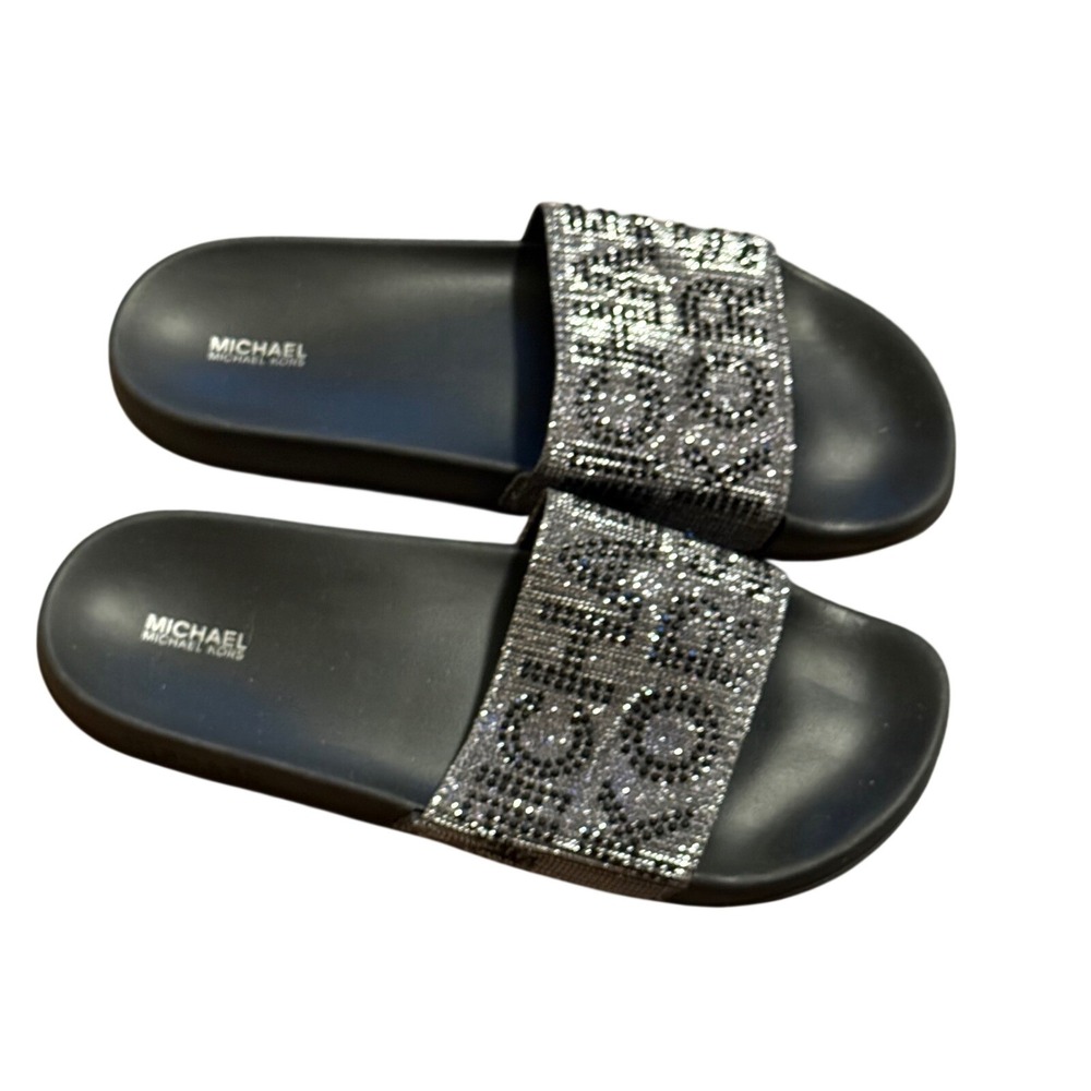Michael Kors Womens Black Rhinestone Logo Slide Sandals‎ Crystal RX21C Size 11M